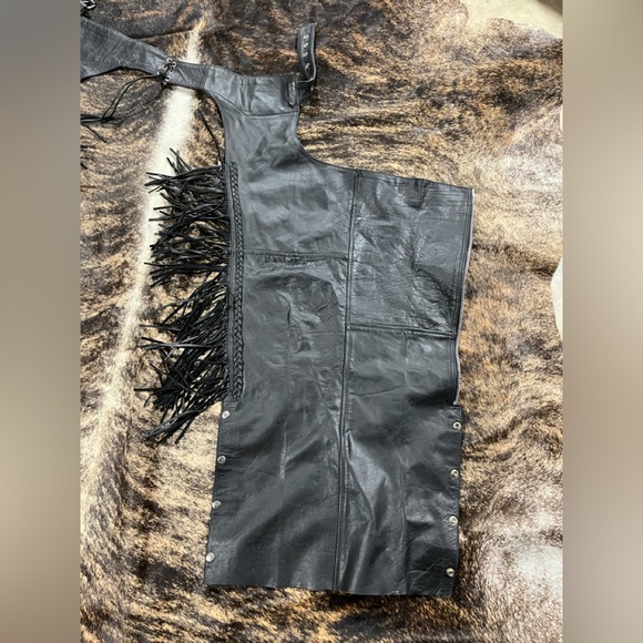 Black Leather Fringe motorcycle biker chaps braided XS - Picture 4 of 8